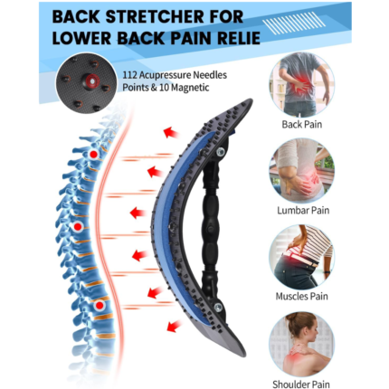 Lumbar back stretcher with magnetic acupressure points for pain relief and posture correction. Adjustable, durable, and comfortable for home or office use.