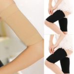 Slimming arm and thigh compression sleeves for women, available in black and beige, designed to provide gentle pressure for shaping, toning, and improving circulation.